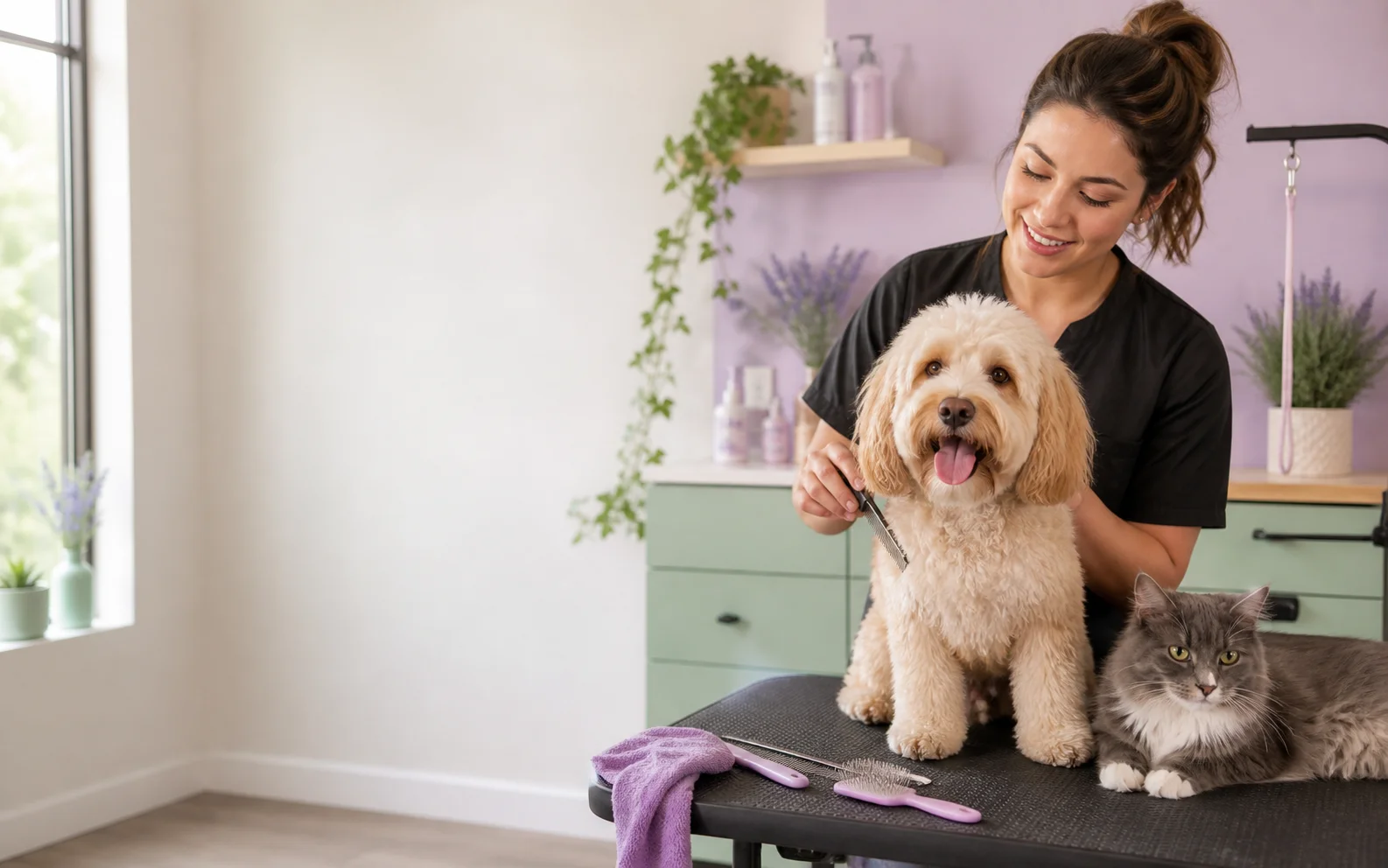 Independent pet groomer with a dog and cat in a bright grooming studio